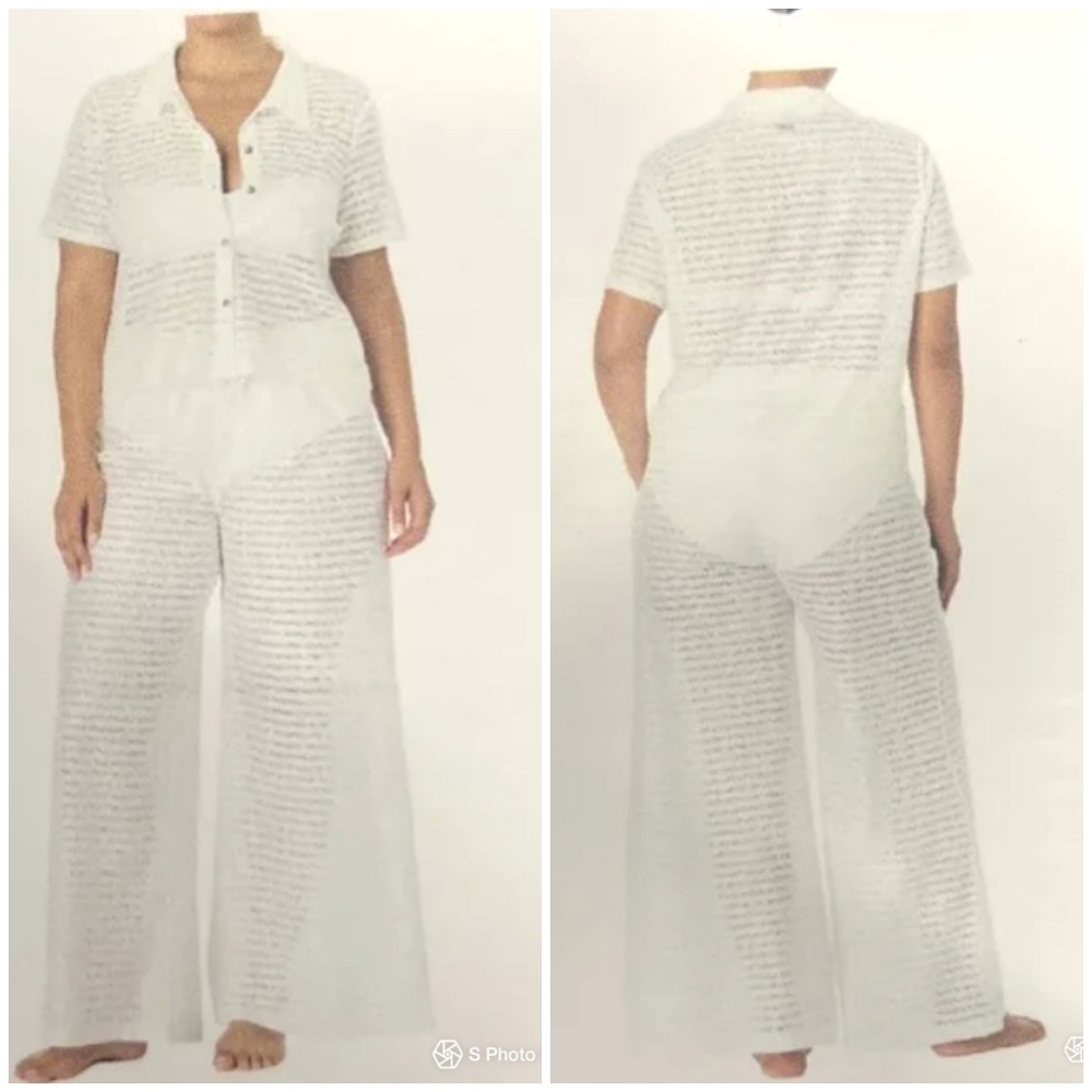 Hurley women white 2-piece mesh beach swim cover up shirt & wide pants XL NWT